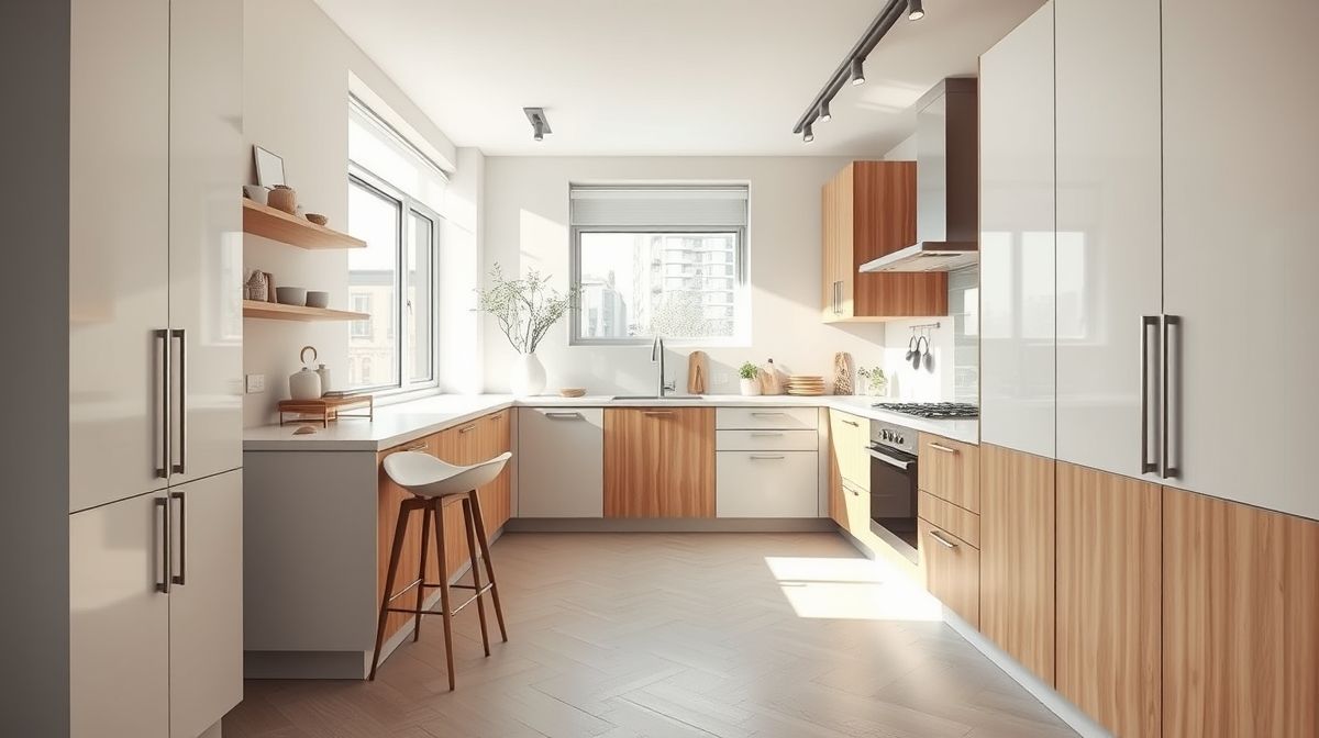 Cozinha pequena moderna com móveis planejados claros e iluminados.