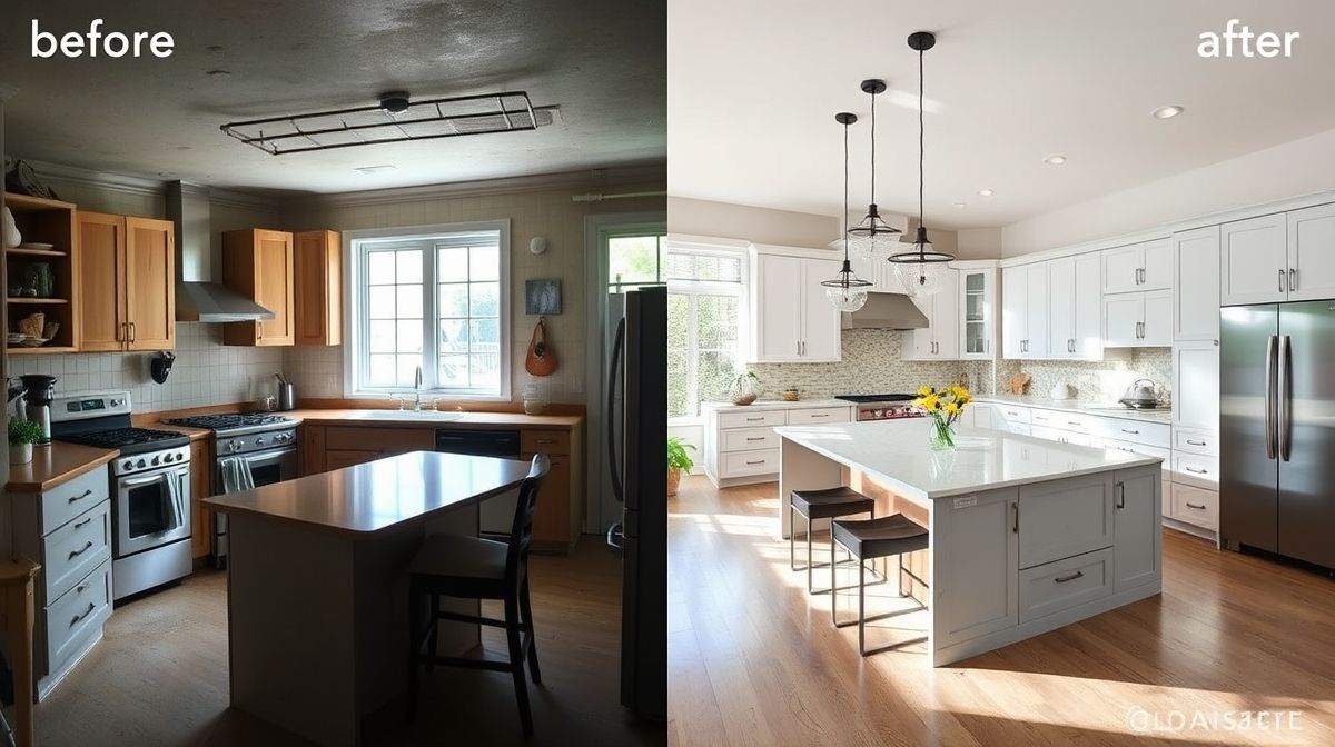 Comparação de antes e depois de uma cozinha renovada em estilo moderno.