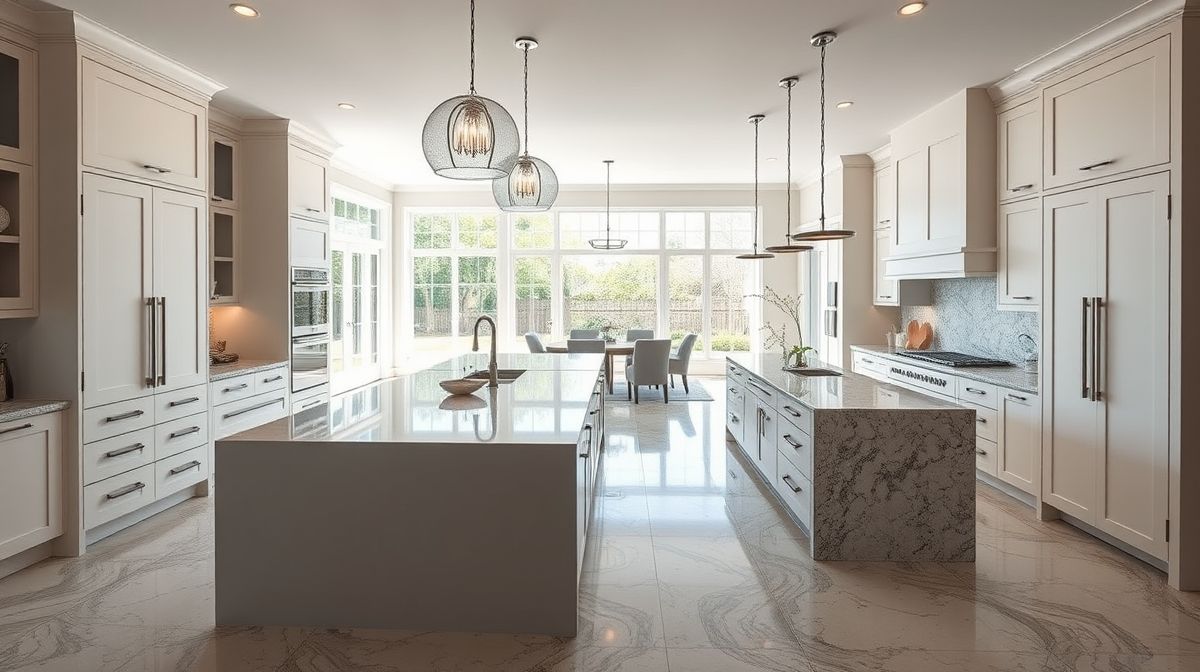 Cozinha ampla e moderna em estilo americano com ilha central iluminada.