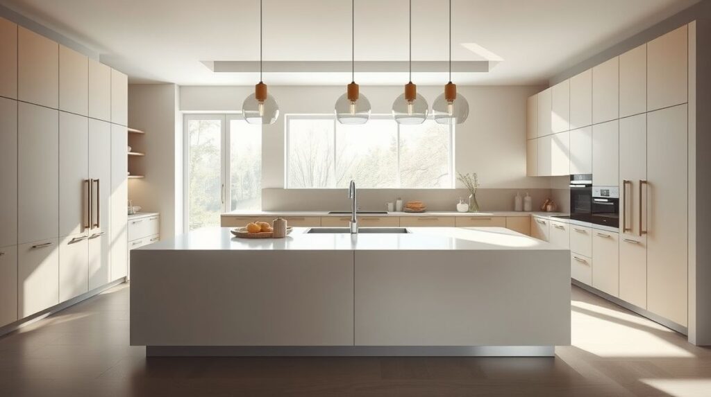 Cozinha moderna com ilha central, iluminação pendente e integração social.