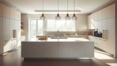 Cozinha moderna com ilha central, iluminação pendente e integração social.