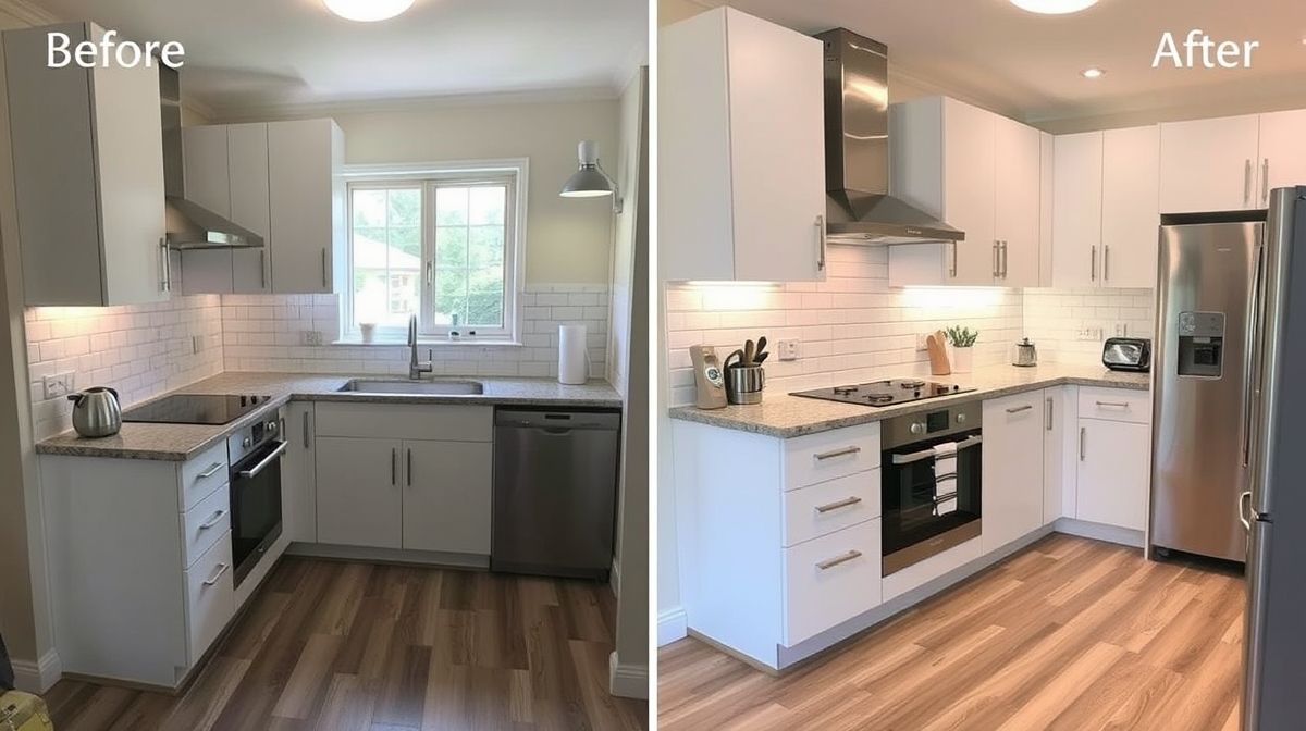 Cozinha pequena e moderna com piso vinílico amadeirado e paredes em porcelanato claro.