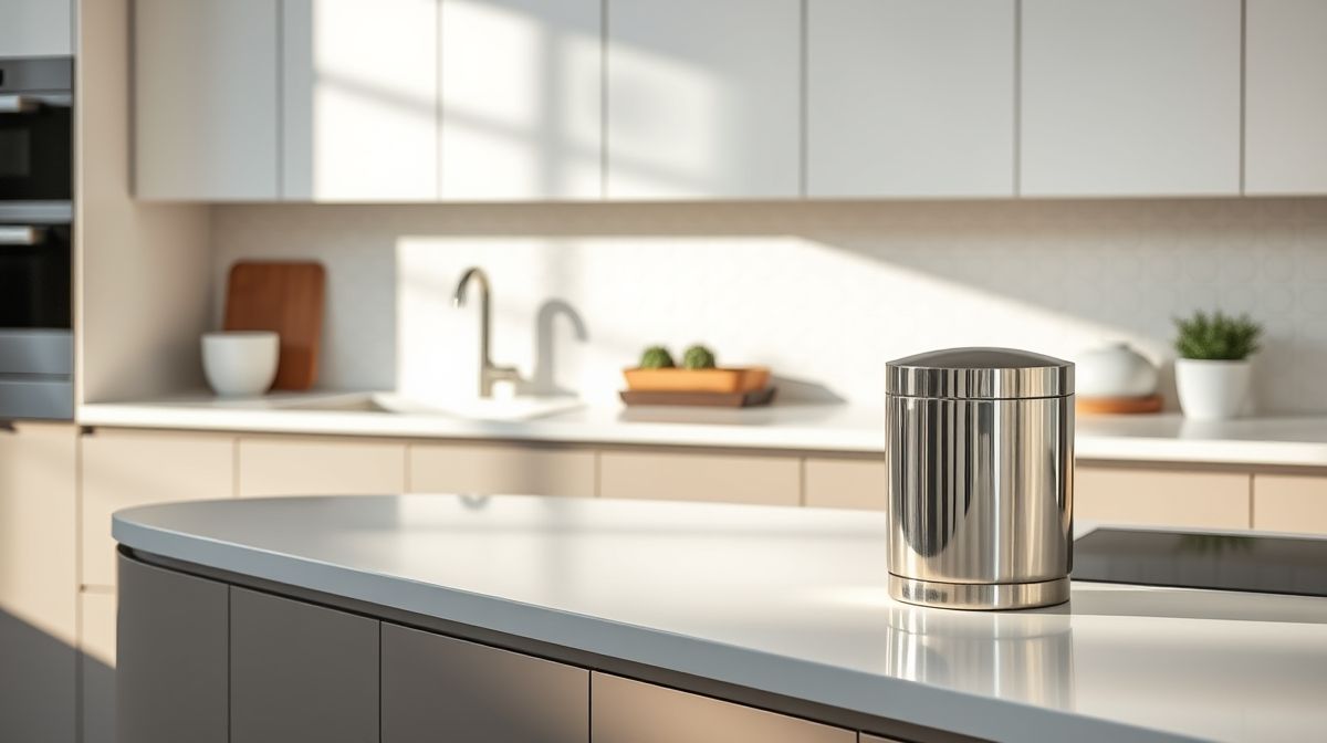Cozinha moderna decorada com bancada limpa e lixeira de aço inox.