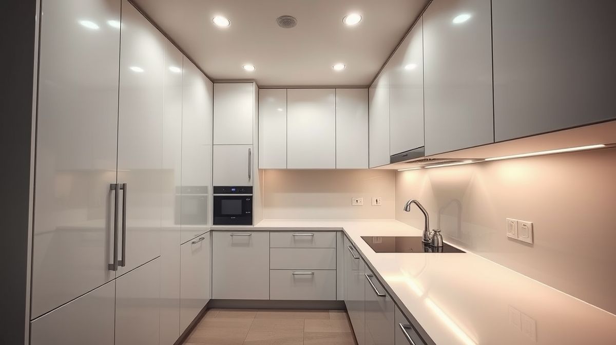 Cozinha compacta com spots embutidos alinhados sobre a bancada.