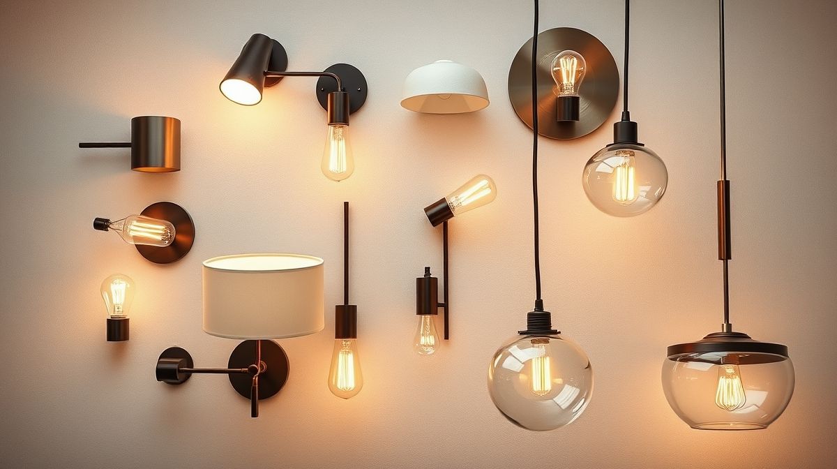 Conjunto de luminárias de mesa, piso e teto em estilos variados para sala de estar.