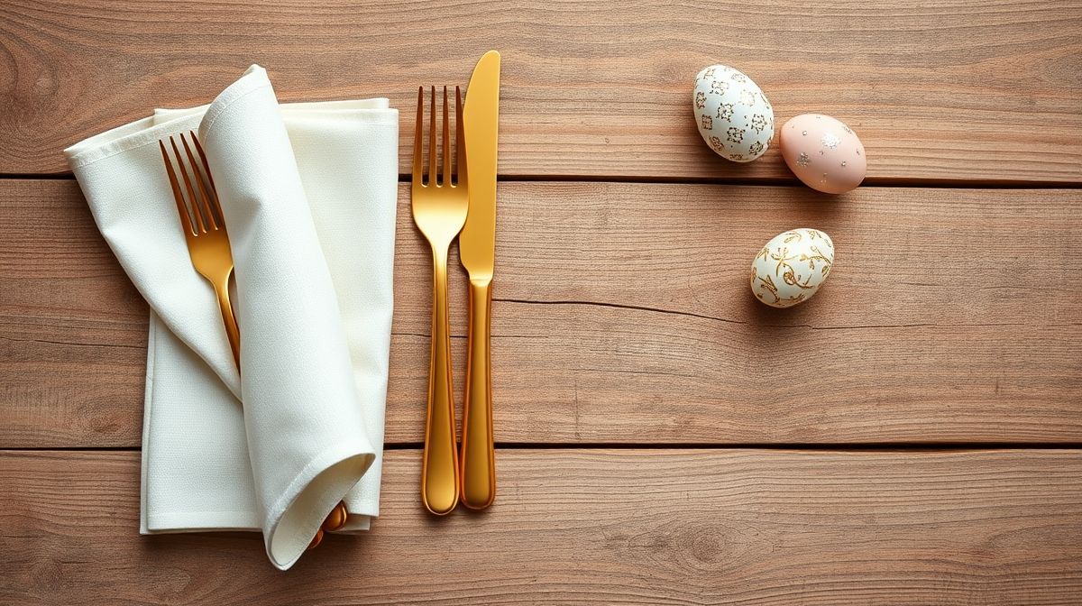 Flat lay com guardanapos de tecido, talheres dourados e ovos decorativos