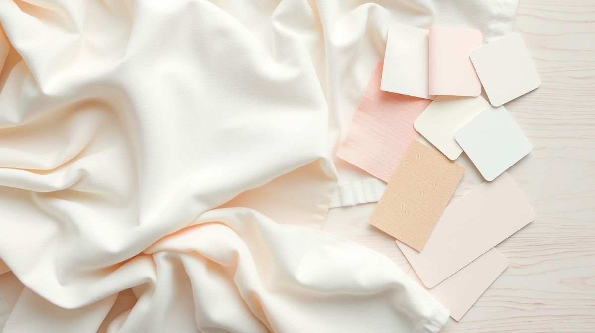 Close de tecidos leves e paleta de cores claras para decoração de quarto pequeno de bebê.