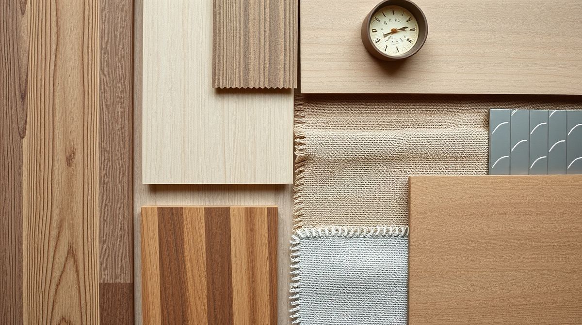 Flat lay com amostras de madeira, tecidos e ferro industrial.