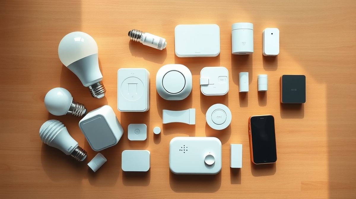 Conjunto de lâmpadas, sensores e fechadura smart sobre mesa.