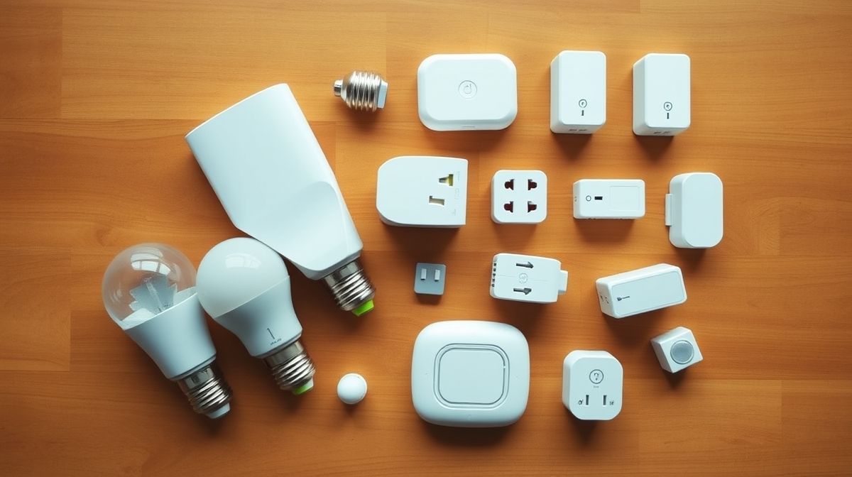 Mesa com lâmpadas smart, tomadas inteligentes e sensores organizados em flat lay.