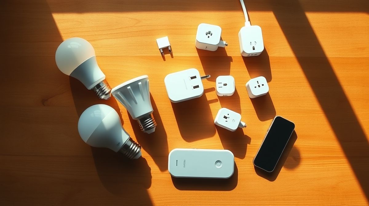 Conjunto de lâmpadas, plugues e controle universal sobre a mesa.