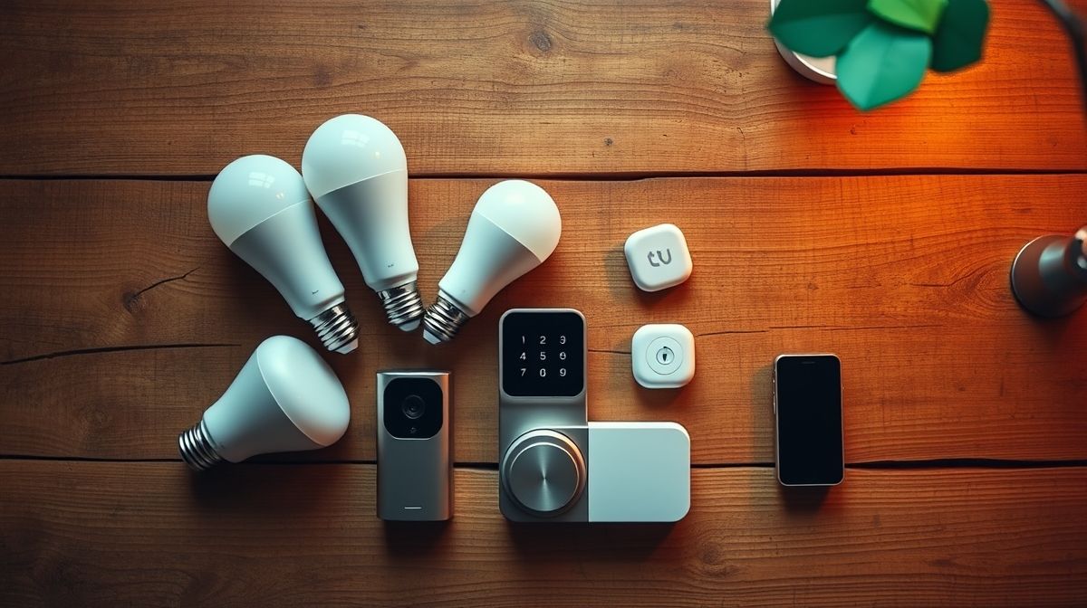 Kit inicial com lâmpadas, fechadura eletrônica e câmera inteligente.