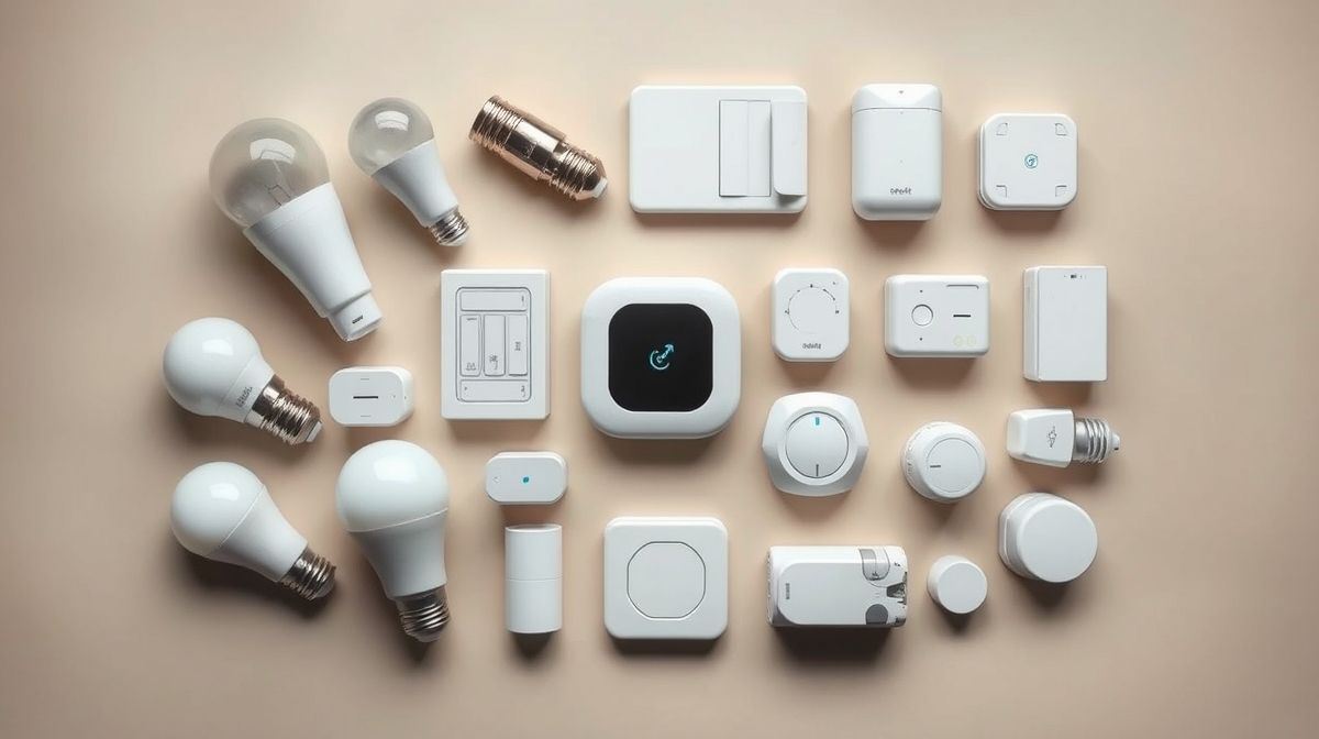 Conjunto de lâmpadas smart, sensores e interruptores dispostos lado a lado.