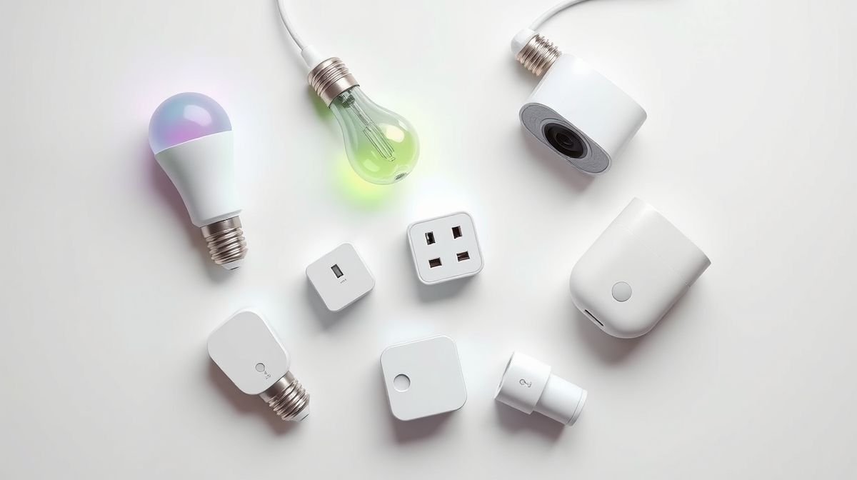 Conjunto de dispositivos inteligentes como lâmpadas, câmeras e tomadas.