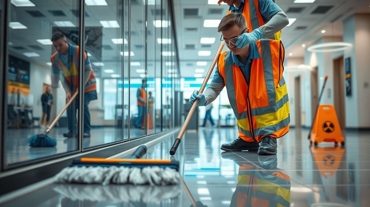 Colaboradores uniformizados limpando pisos e vidros em uma empresa.