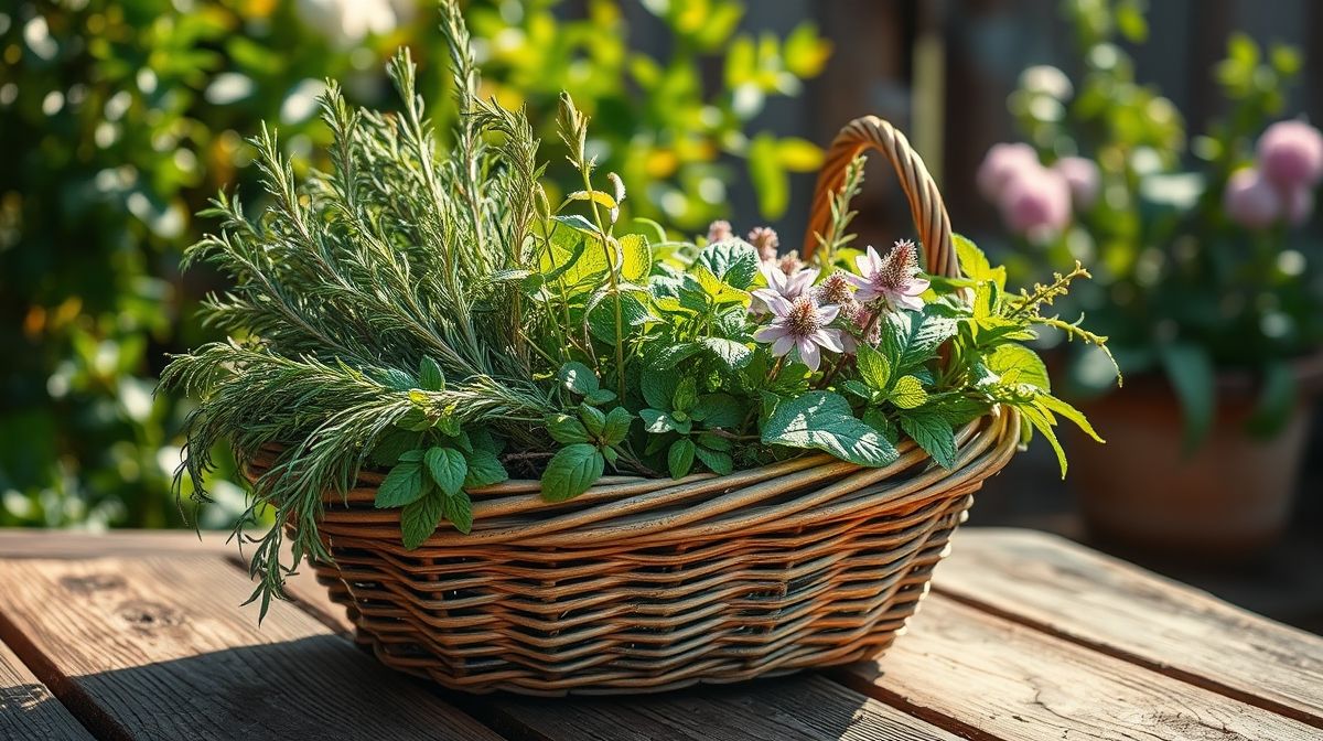 Cesta com ervas frescas colhidas de horta caseira.