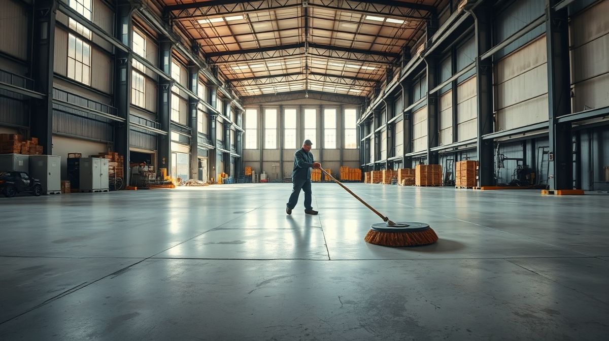Escova para lavar piso industrial sendo usada em um galpão amplo.