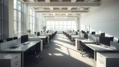 Escritório moderno com mesas organizadas e iluminação natural destacando a limpeza.