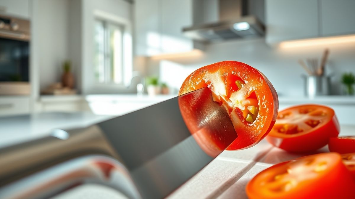 Faca bem afiada cortando tomate em fatias finas com facilidade.