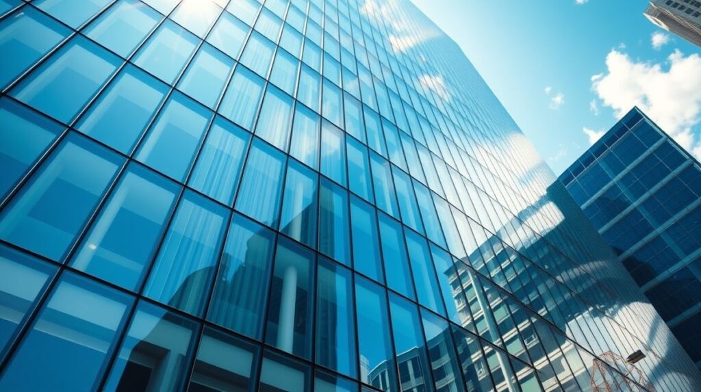 Fachada corporativa com vidros limpos e brilhantes após higienização profissional.