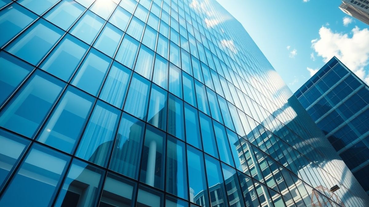 Fachada corporativa com vidros limpos e brilhantes após higienização profissional.