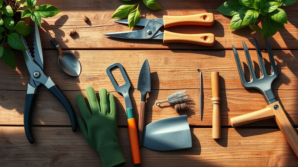 Conjunto de ferramentas manuais de jardinagem organizadas.