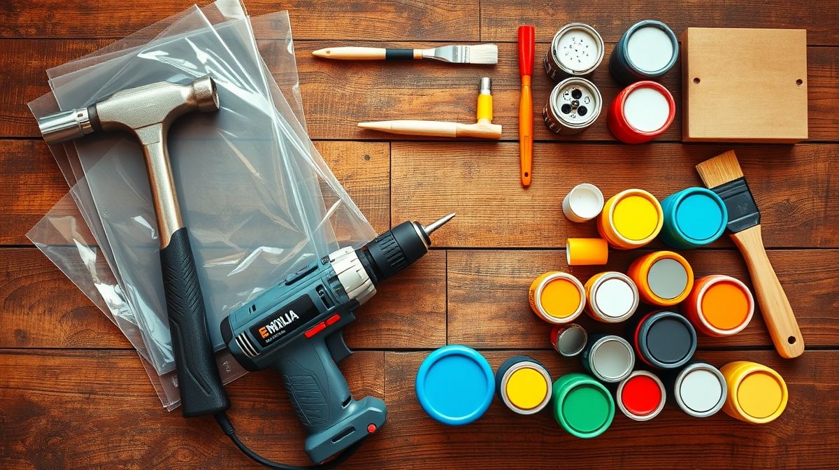 Conjunto de ferramentas e materiais usados em reforma de apartamento