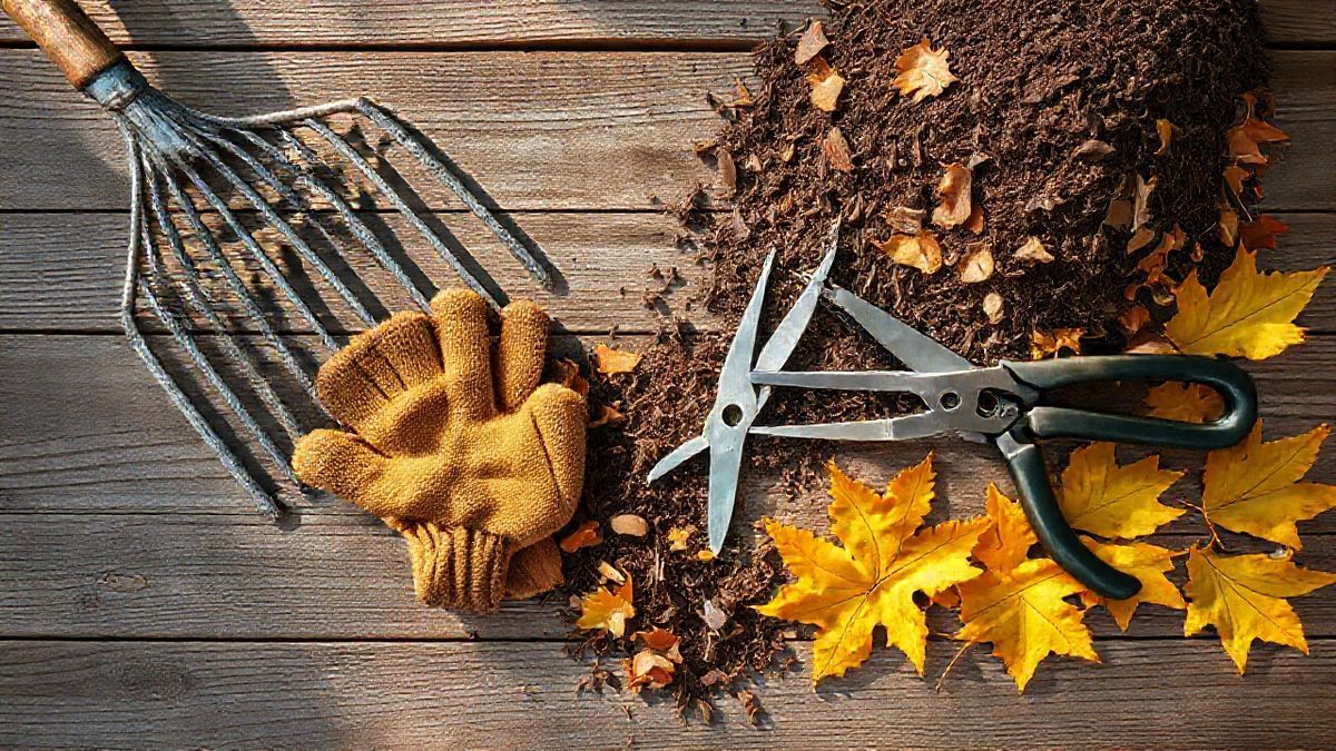 Ferramentas de jardinagem com folhas secas e adubo orgânico preparados para uso no outono.