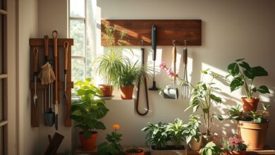 Conjunto de ferramentas de jardinagem organizadas após manutenção.