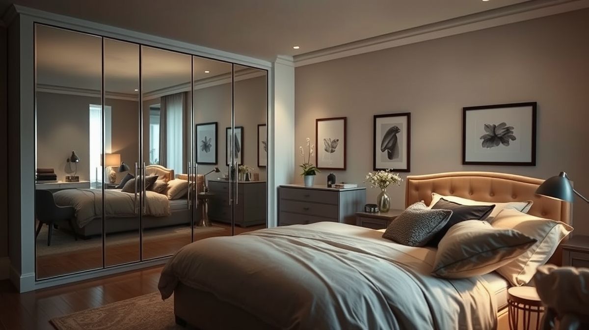 Guarda-roupa planejado instalado em quarto de casal com portas espelhadas.