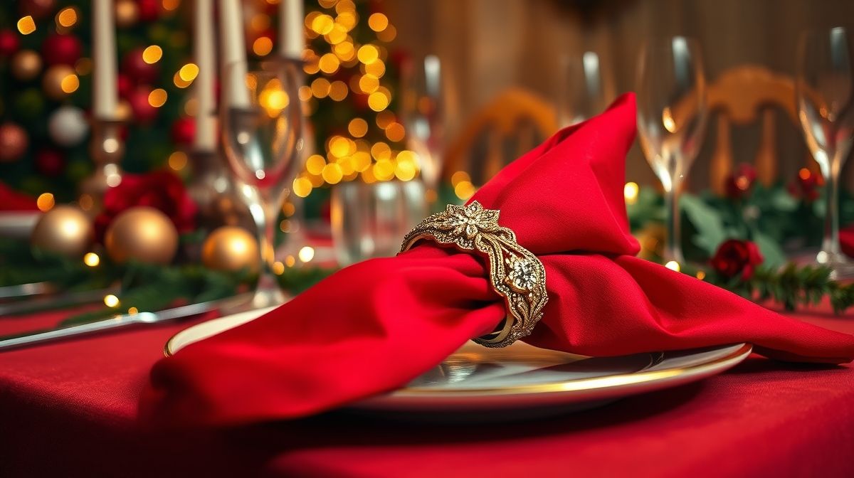 Guardanapo de tecido vermelho com argola dourada em mesa posta de Natal.