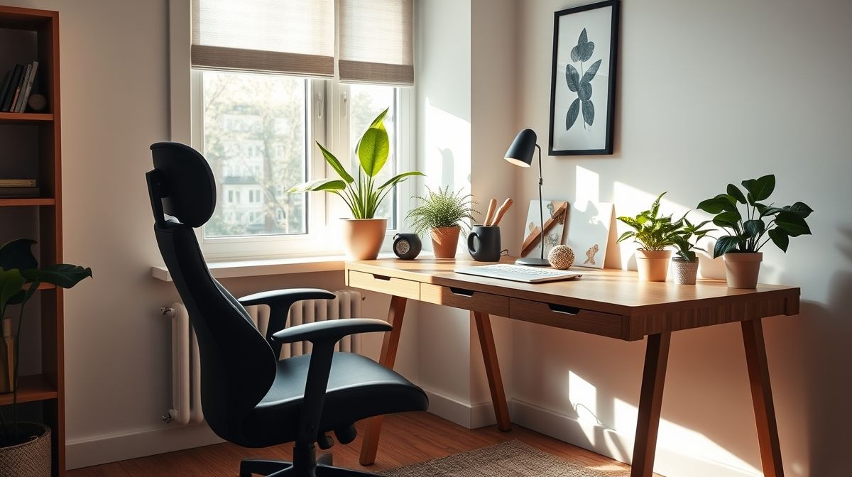 Resultado final de um home office com cadeira de escritório ergonômica em destaque.