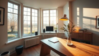 Home office moderno com luminária de mesa proporcionando iluminação aconchegante.