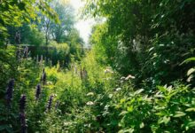 Vista ampla de um jardim com várias ervas medicinais verdes.