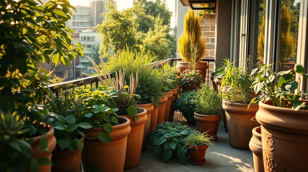 Horta em varanda com diversas ervas medicinais contra gripes.