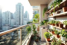 Varanda de apartamento com vasos de ervas em prateleiras iluminadas pelo sol.