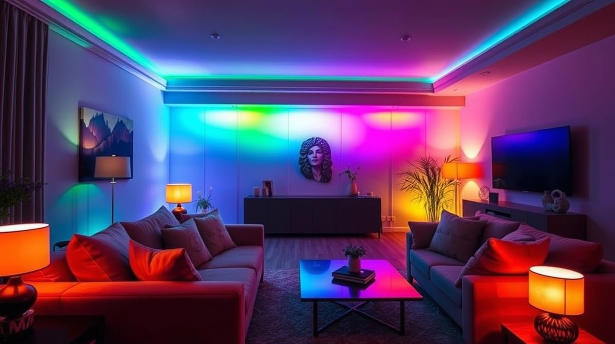 Ambiente iluminado automaticamente com cenas programadas de luz.
