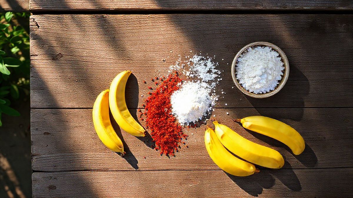 Close de cascas de banana, pimenta caiena e terra de diatomáceas lado a lado.