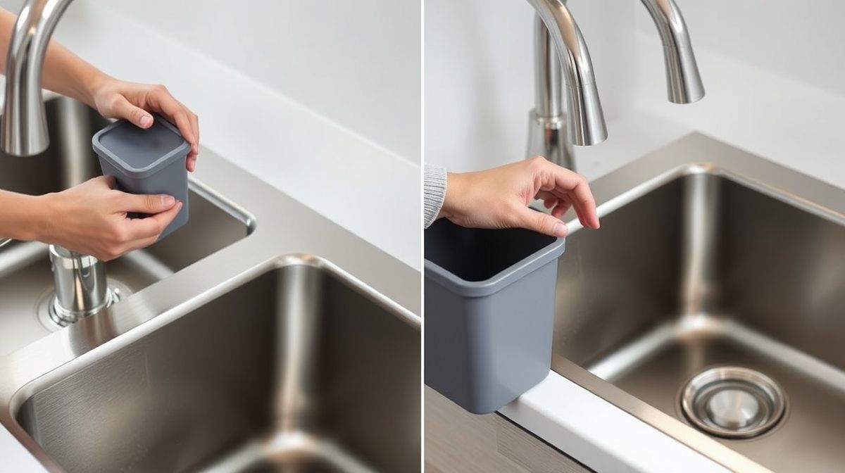 Mãos posicionando lixeira pequena ao lado da pia da cozinha.