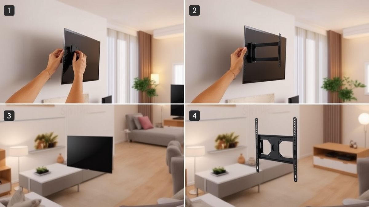 Pessoa instalando uma TV na parede com suporte articulável.