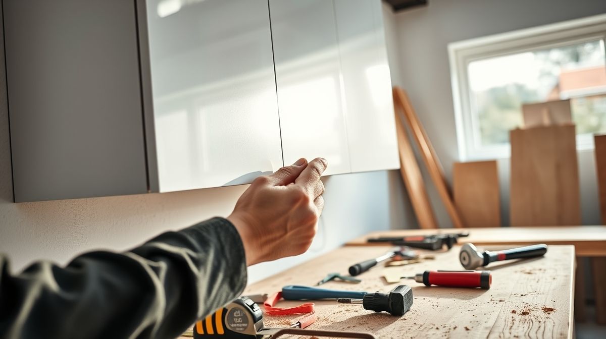 Processo de montagem com marceneiro fixando móvel suspenso na cozinha.