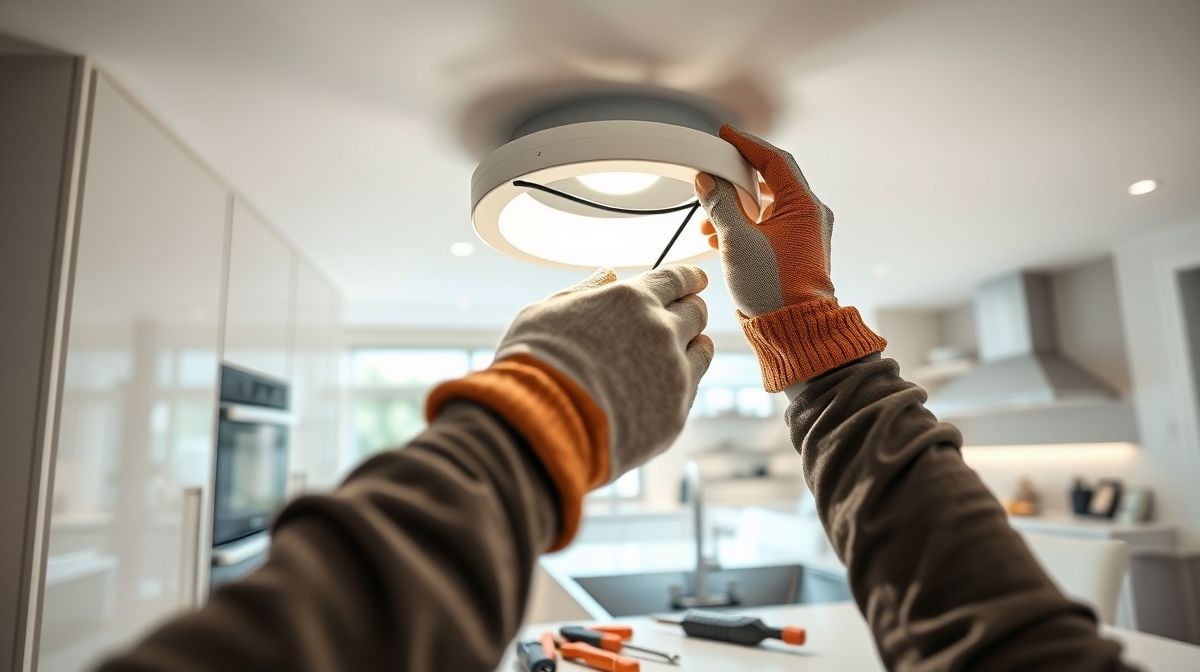 Profissional instalando luminária embutida em cozinha moderna.
