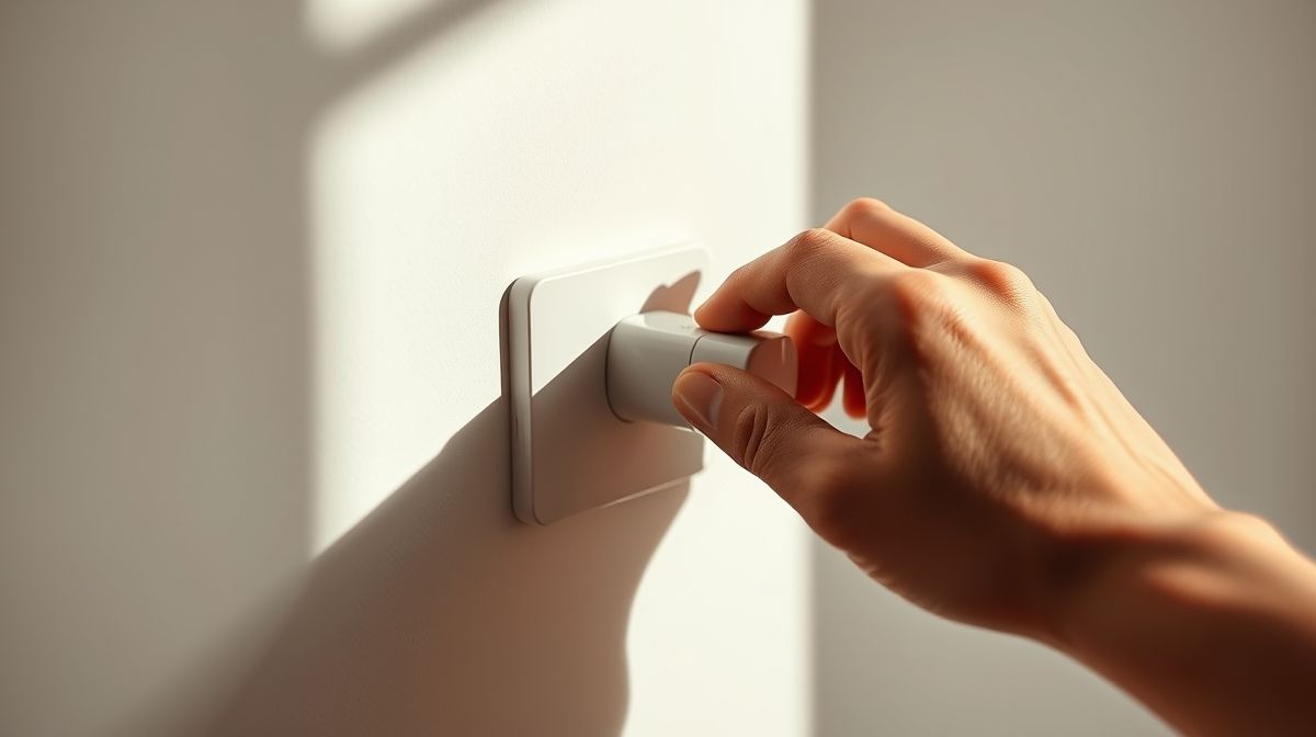 Mão instalando uma tomada inteligente em ambiente doméstico.