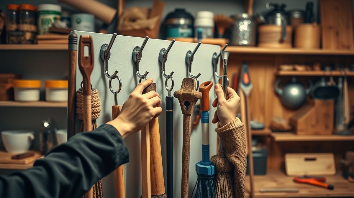 Mãos instalando ganchos em parede para pendurar vassouras e rodos.