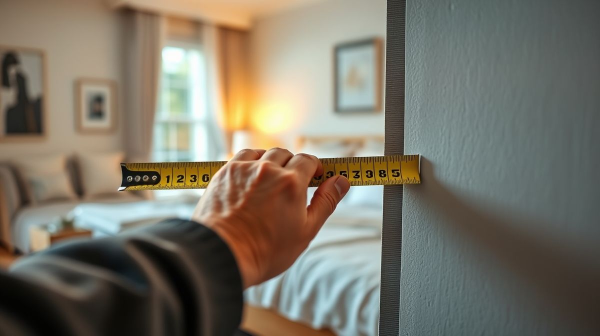Pessoa medindo parede com trena antes de instalar guarda-roupa no quarto.