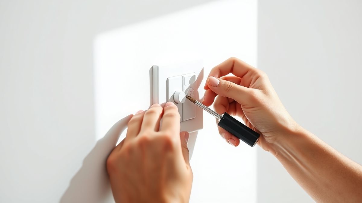 Mãos instalando interruptor inteligente em parede branca.