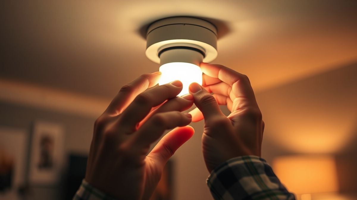 Pessoa instalando uma lâmpada inteligente em soquete padrão.