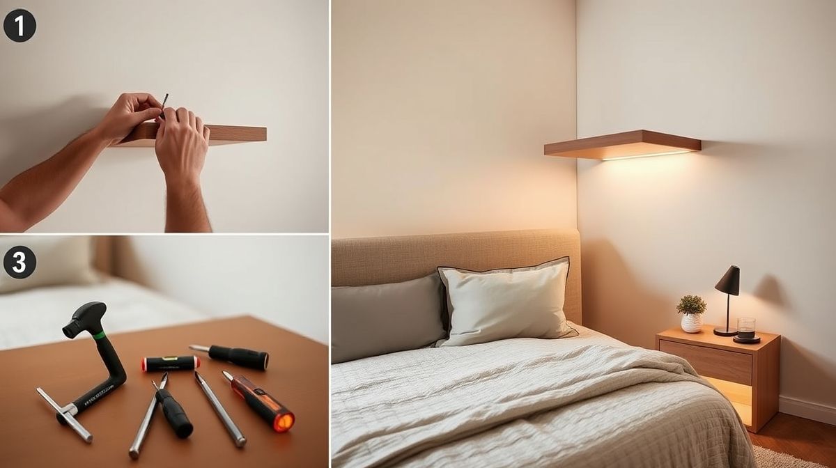 Pessoa fixando uma mesa de cabeceira suspensa na parede de um quarto pequeno.