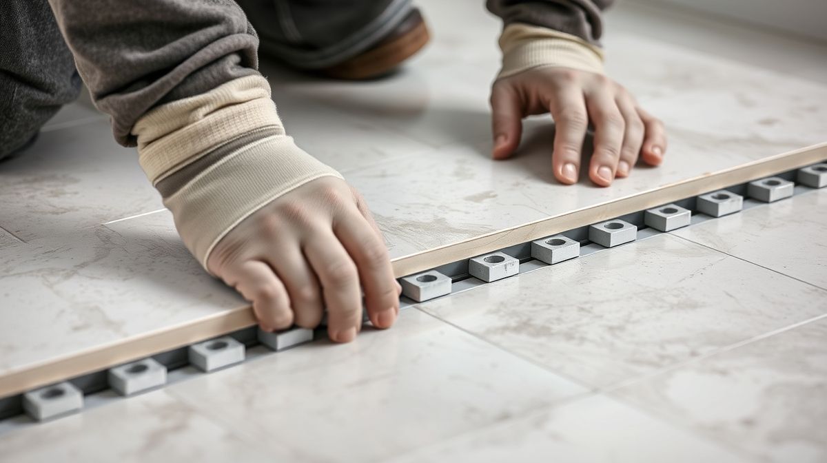 Mãos de um profissional assentando porcelanato em piso com espaçadores.