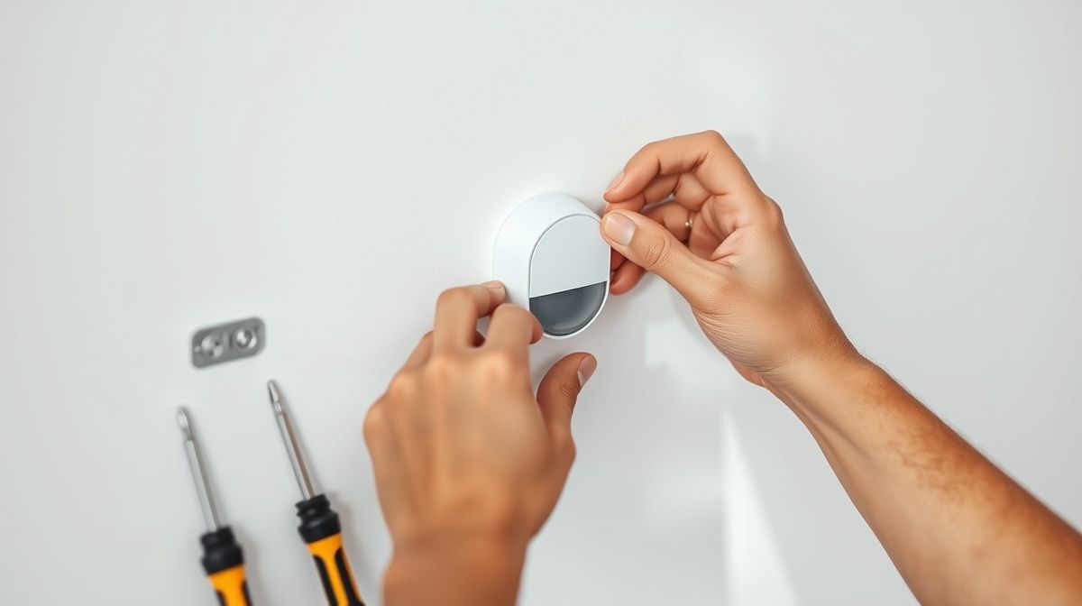 Pessoa instalando um sensor de movimento em parede branca.